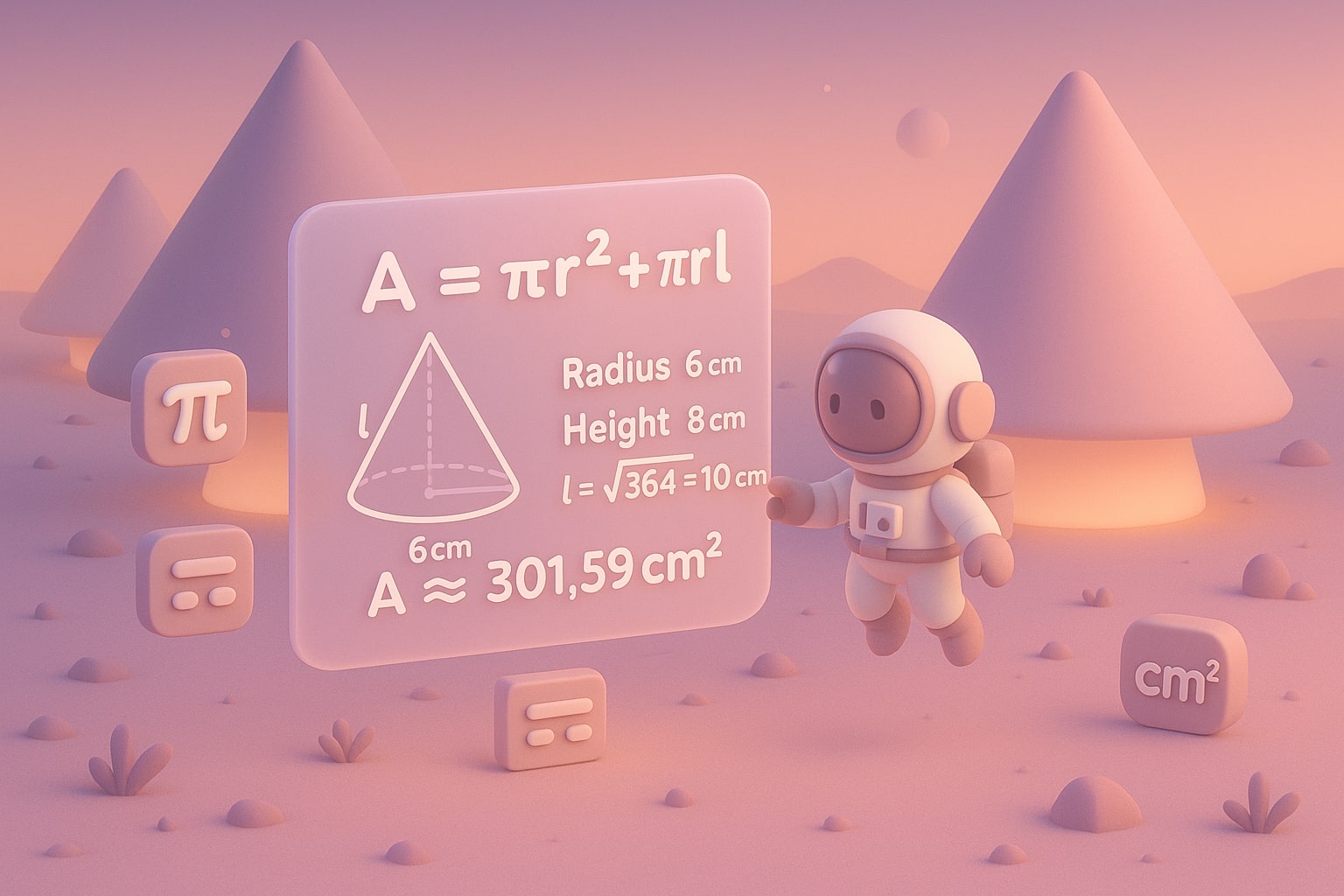 Ilustrasi cara kerja kalkulator luas permukaan kerucut dengan bidang input dan hasil langsung yang memudahkan pengguna menyelesaikan masalah.